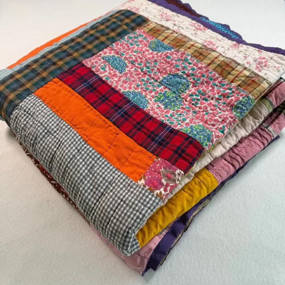 Vintage 70s Crazy Quilt Patchwork hand stitched multicolored 79